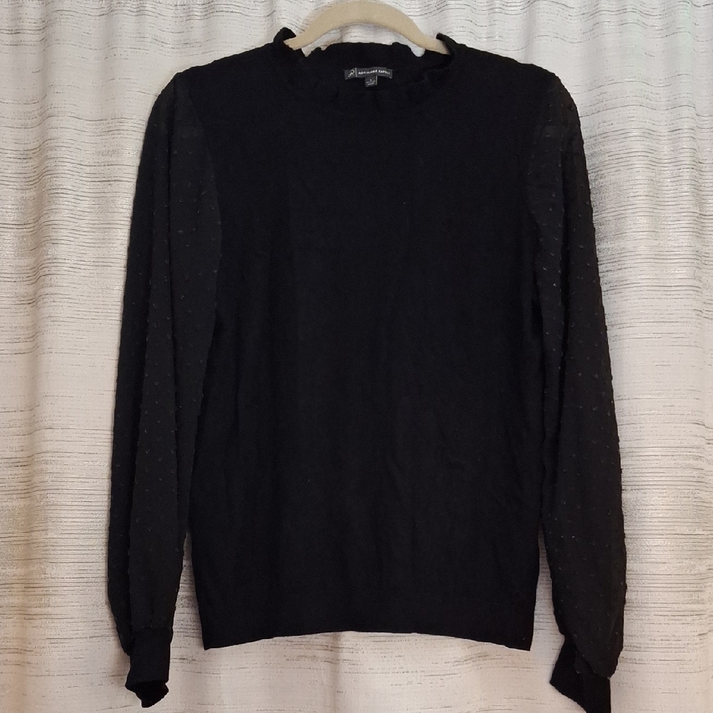 Adrianna Papell Black Crew Neck Sweater Sheer Swiss Dot Sleeves Small